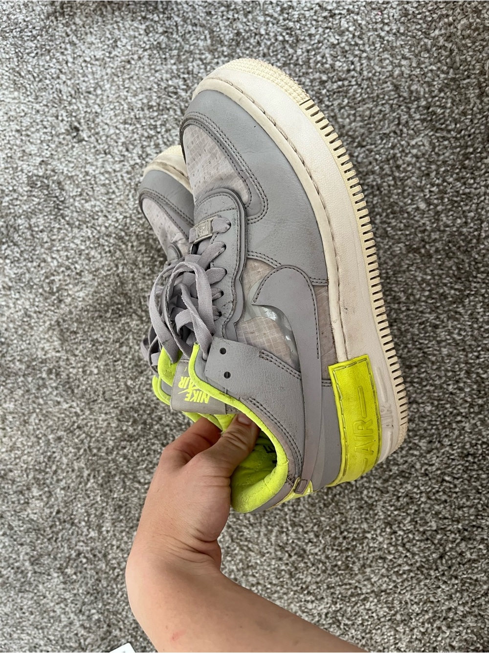Nike AF1’s  in Light Gray with Neon Yellow Accents